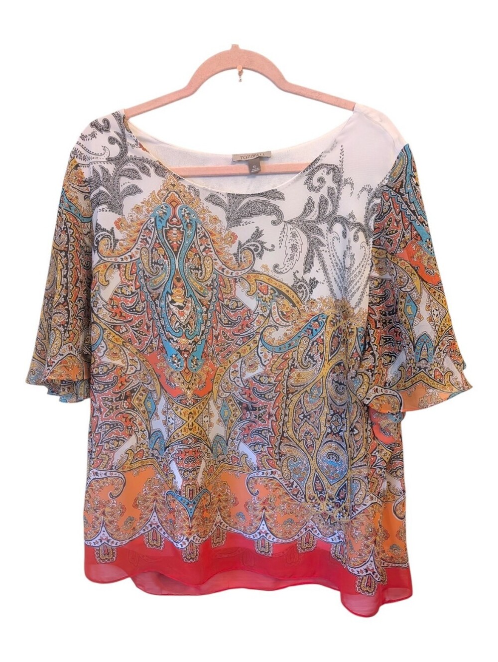 Roz & Ali Colorful Boho Paisley Blouse Size XL